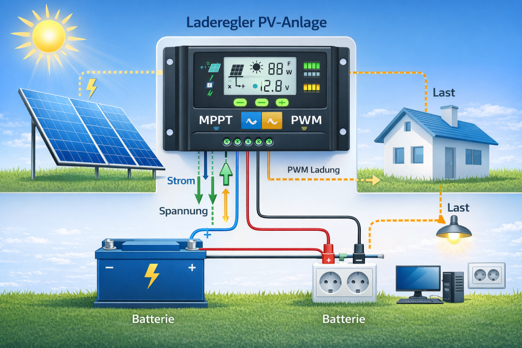 Laderegler PV-Anlage Schema mit MPPT und PWM Funktion sowie Batterieanschluss und Energiefluss