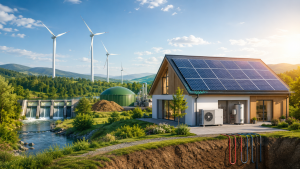 Regenerative Energien mit Photovoltaik, Windkraft und grüner nachhaltiger Energieversorgung