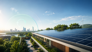 Nachhaltigkeit in der PV-Industrie mit Solarmodulen auf modernem Gebäude und grüner Energieumgebung