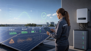 Technische Überwachung einer PV-Anlage mit Tablet, Wechselrichter und Batteriespeicher