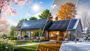 Jahreszeiten und Photovoltaik: Modernes Haus mit Solaranlage im Frühling, Sommer, Herbst und Winter