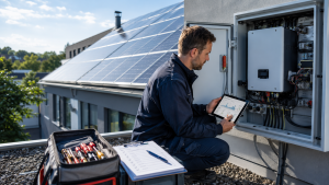 Techniker bei der Wartung einer Photovoltaikanlage mit Tablet, Wechselrichter und Prüfwerkzeug